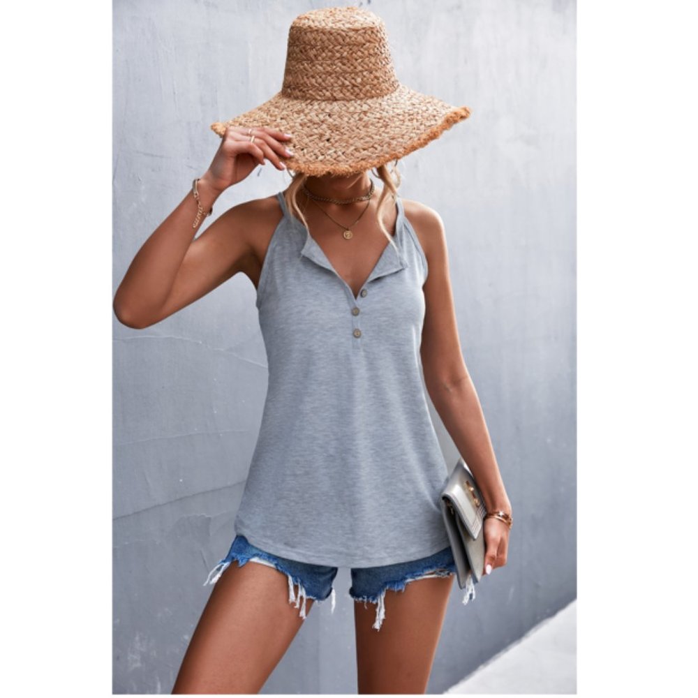 Quarter-Button Round Neck Cami - Picture 2 of 8